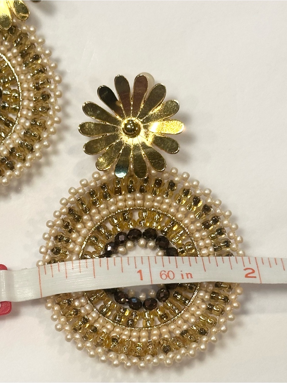 Gold Floral Beaded Statement Earrings Cream & Smoky Brown - Picture 4 of 6